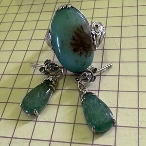 Three piece giant teal stone ring, and earrings set .925 silver jewelry Vintage